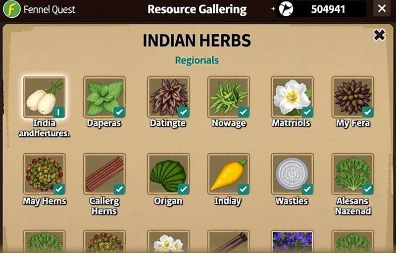 Fennel Quest Legend Resource Collection Fennel Quest Legend resource gathering interface showing various Indian herbs and materials with their regional origins