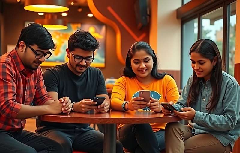 Fennel Quest Legend Multiplayer Experience Group of Indian friends playing Fennel Quest Legend together on their mobile phones in a café